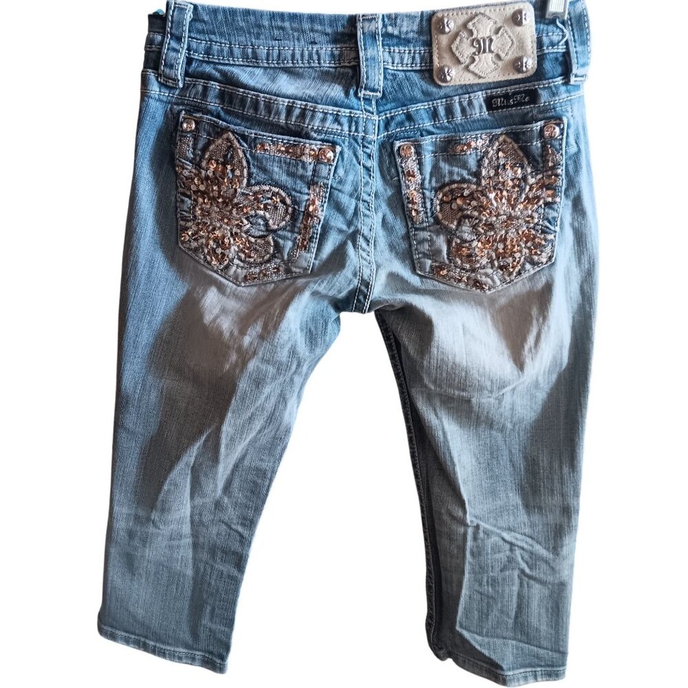 Miss Me Womens Mid-Rise Easy Crop Jeans Size 25 Distressed Denim Embellished